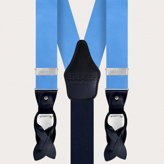 BRUCLE Elegant set of suspenders, bow tie and pocket square in blue silk
