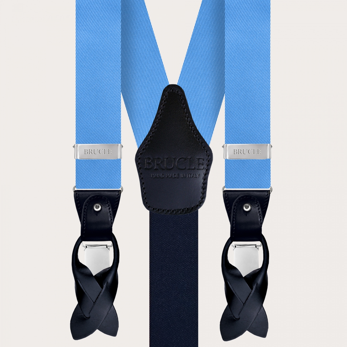 BRUCLE Elegant set of suspenders, bow tie and pocket square in blue silk