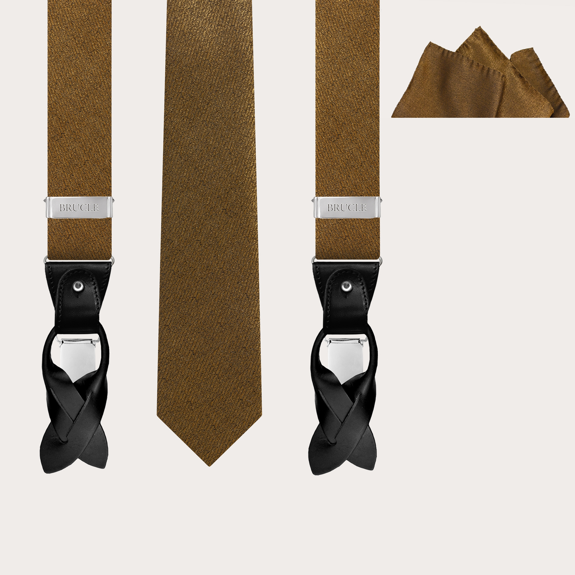 BRUCLE Komplettes Zeremonie-Set aus schillernder goldener Seide, Hosenträger, Krawatte und Einstecktuch