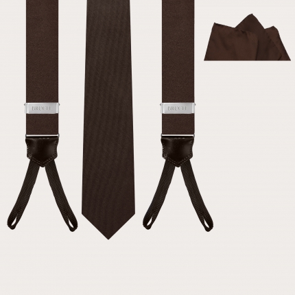 Elegante conjunto de tirantes con ojales, corbata y pañuelo de bolsillo en seda marrón