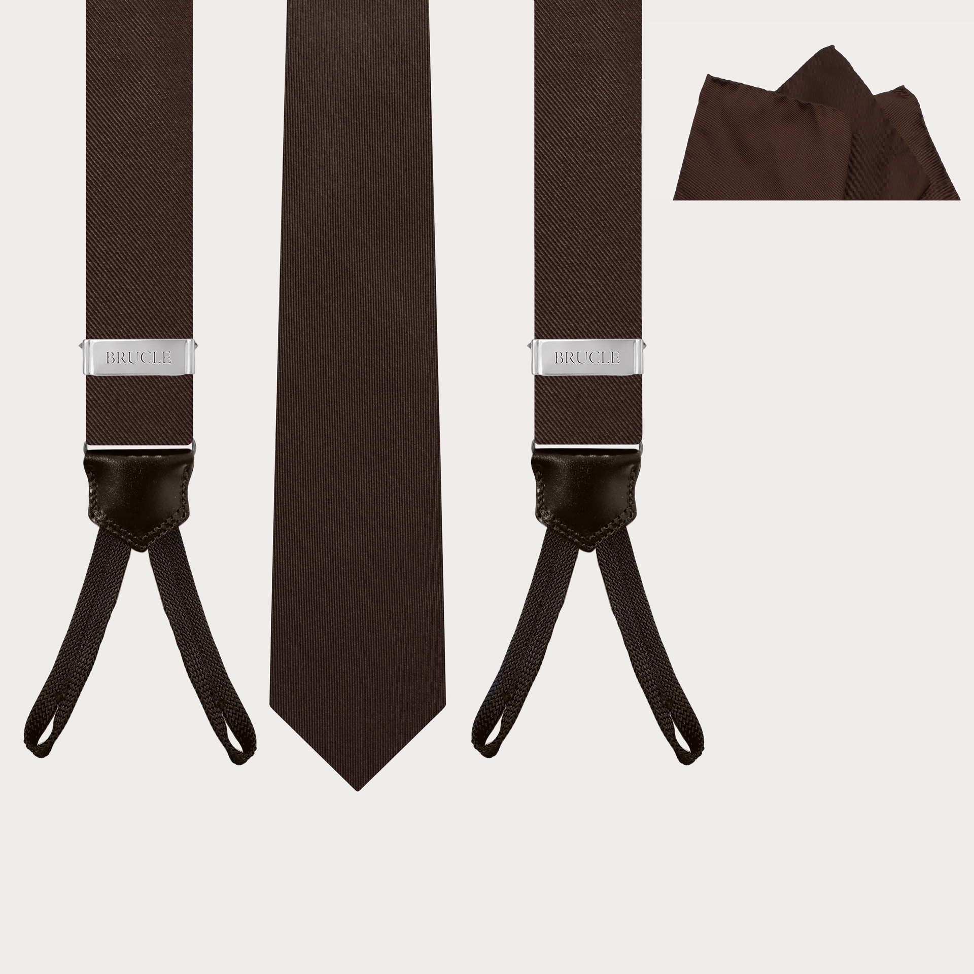 BRUCLE Elegant set of suspenders with buttonholes, tie and pocket square in brown silk