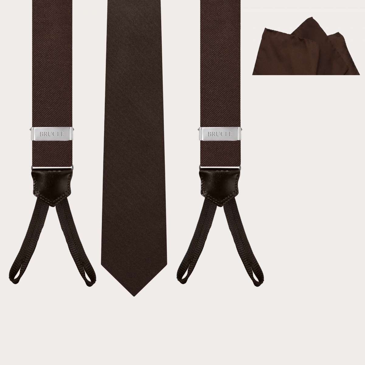 BRUCLE Elegant set of suspenders with buttonholes, tie and pocket square in brown silk