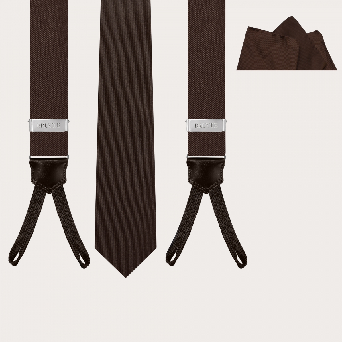 BRUCLE Elegante set di bretelle con asole, cravatta e pochette in seta marrone