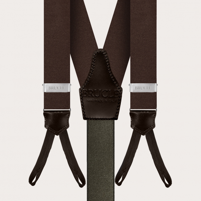 Elegante set di bretelle con asole, cravatta e pochette in seta marrone