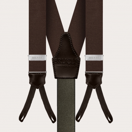 Elegante conjunto de tirantes con ojales, corbata y pañuelo de bolsillo en seda marrón