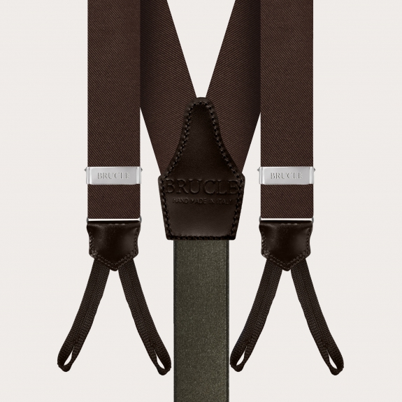 BRUCLE Elegante set di bretelle con asole, cravatta e pochette in seta marrone