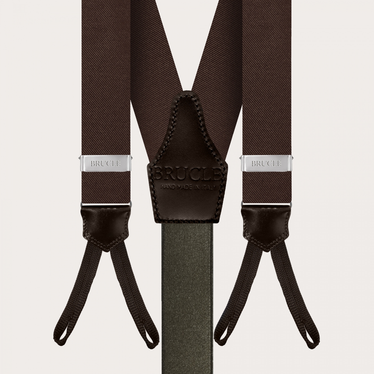 BRUCLE Elegantes Set aus Hosenträgern mit Knopflöchern, Krawatte und Einstecktuch aus brauner Seide