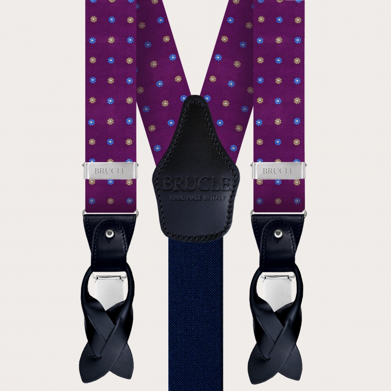Bretelles et cravate coordonnées en soie violette fleurie