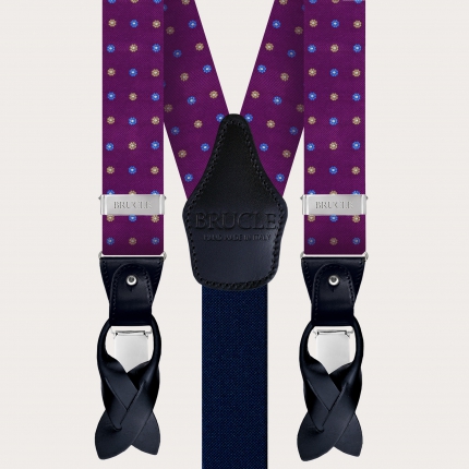Bretelles et cravate coordonnées en soie violette fleurie