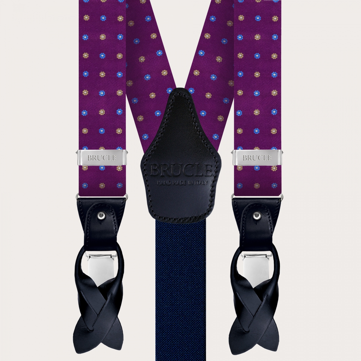 BRUCLE Bretelles et cravate coordonnées en soie violette fleurie