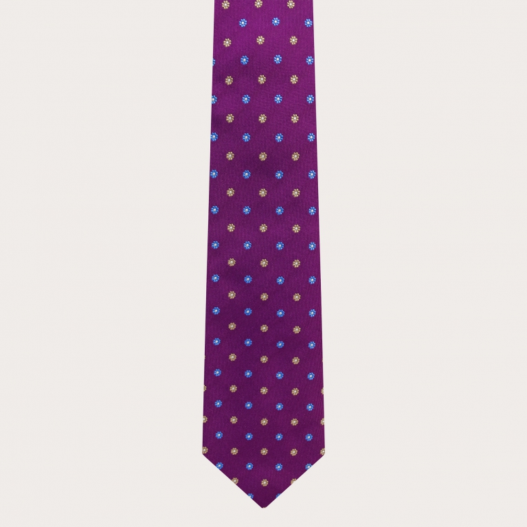 Purple men's tie with blue and yellow flowers pattern