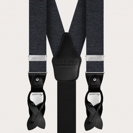 Refined men's set of suspenders, tie and pocket square in melange grey silk