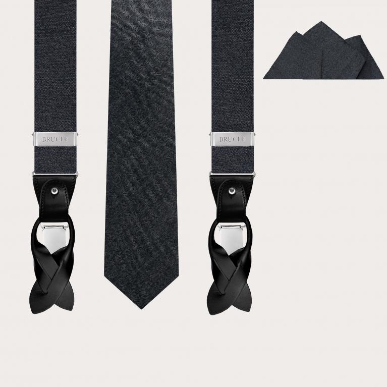 Raffiniertes Herren-Set aus Hosenträgern, Krawatte und Einstecktuch aus melierter grauer Seide