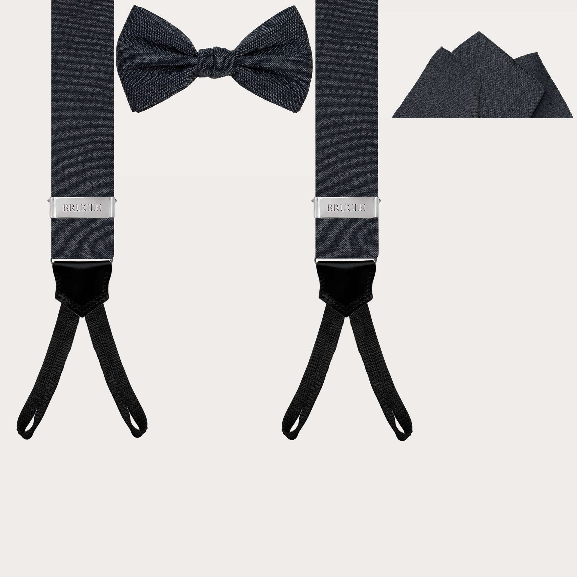 BRUCLE Melange grey set of suspenders with buttonholes, pochette and bow tie