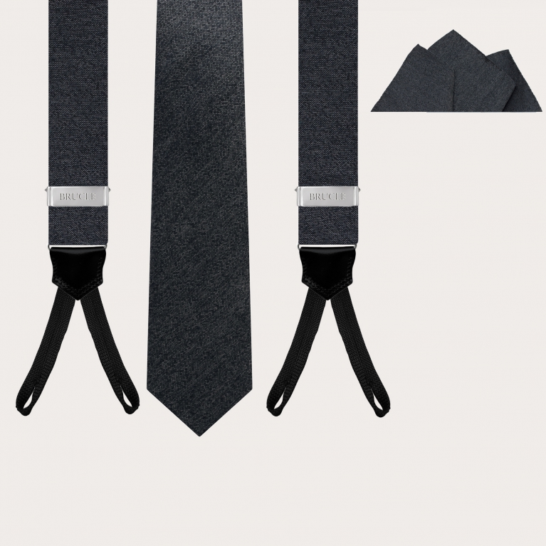 Melange grey set of suspenders with buttonholes, pochette and necktie