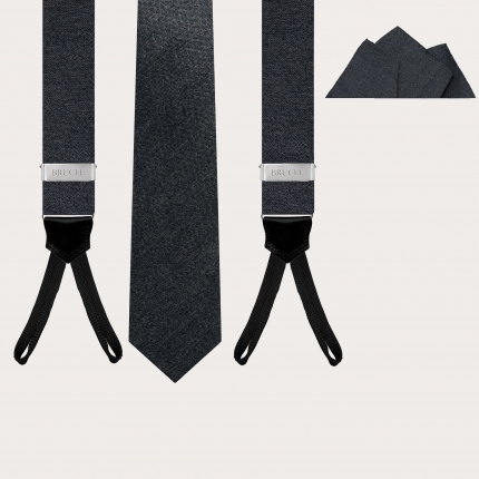 Graumeliertes Hosenträger mit Knopflöchern, Pochette und Krawatte