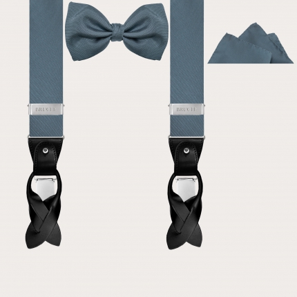 Elegant suspenders, bow tie and pochette in dusty blue silk
