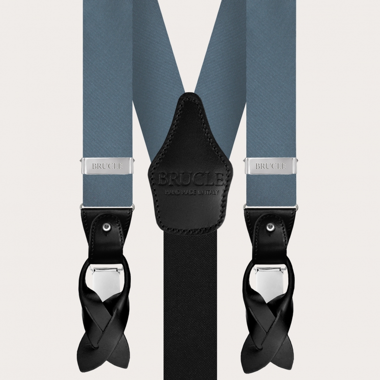 Elegant suspenders, bow tie and pochette in dusty blue silk