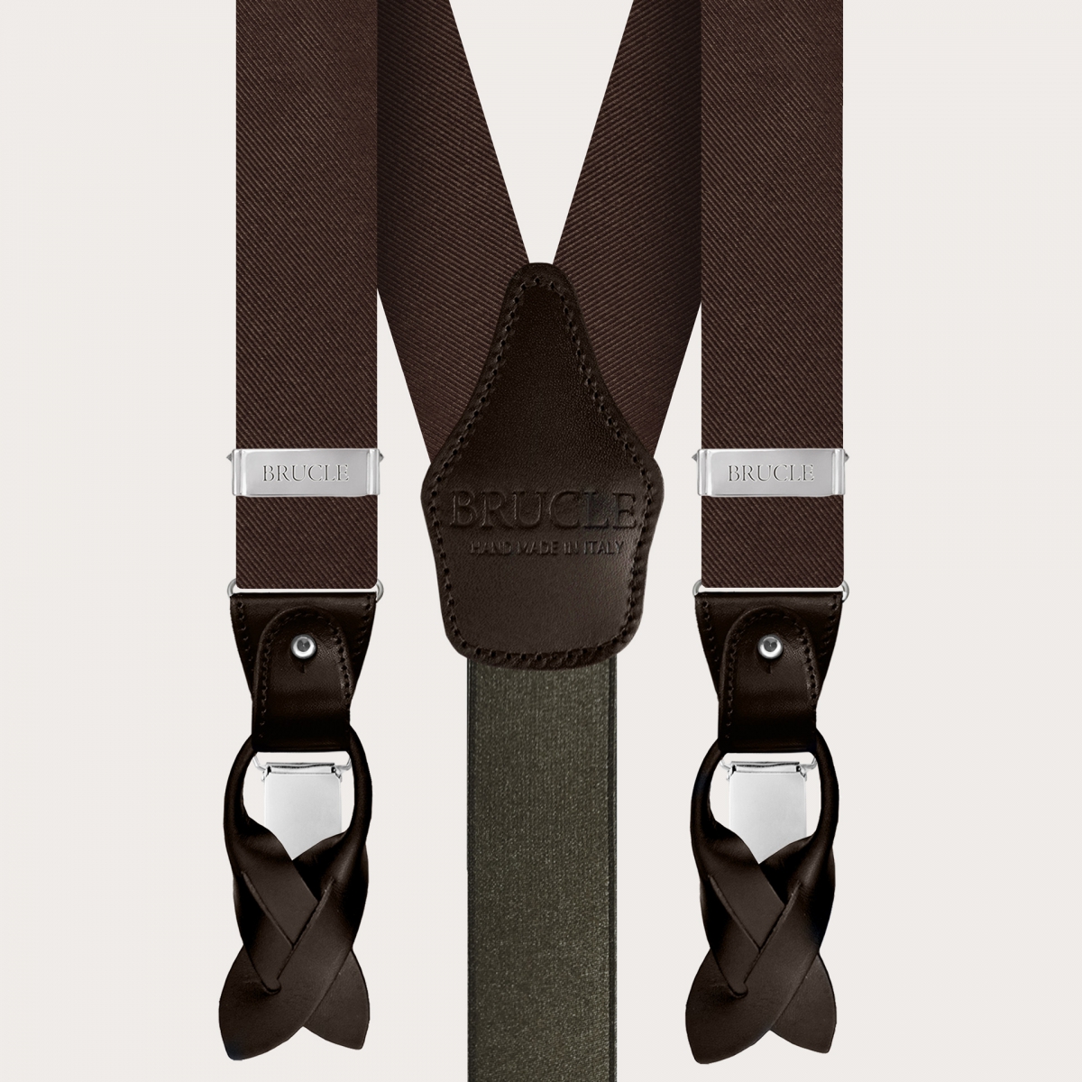 BRUCLE Élégant ensemble de bretelles, cravate et pochette en marron