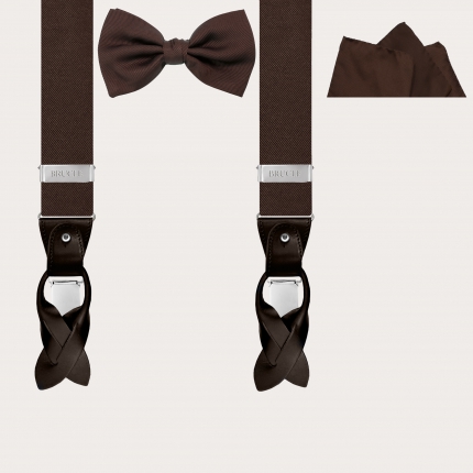 Elegant set of suspenders, bow tie and pocket square in brown