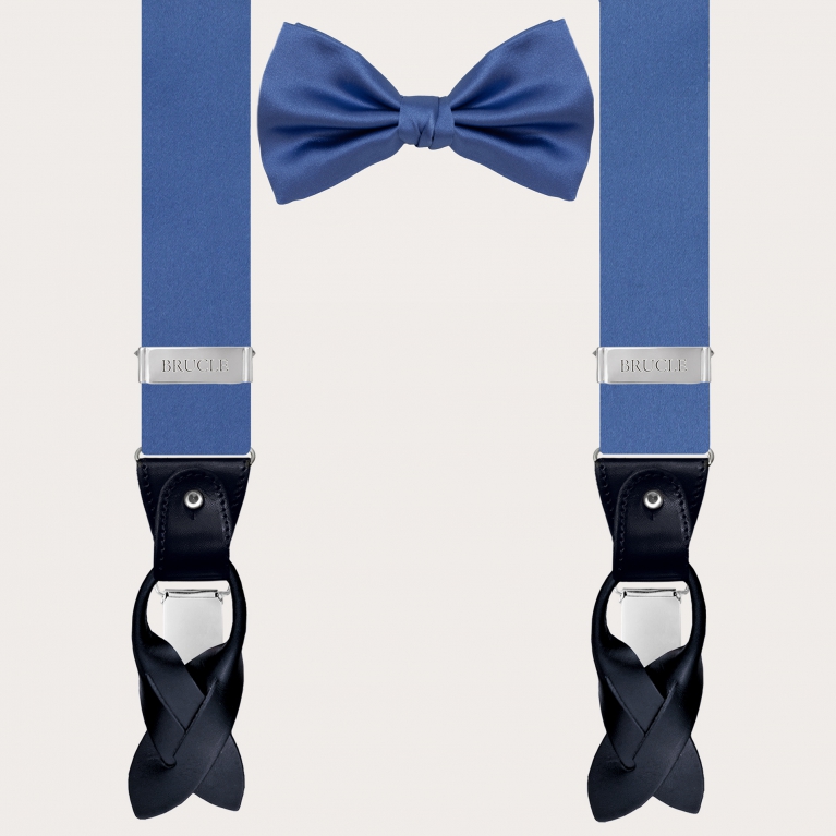 Coordinated set of suspenders and bow tie, light blue silk satin