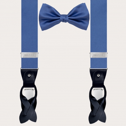 Coordinated set of suspenders and bow tie, light blue silk satin