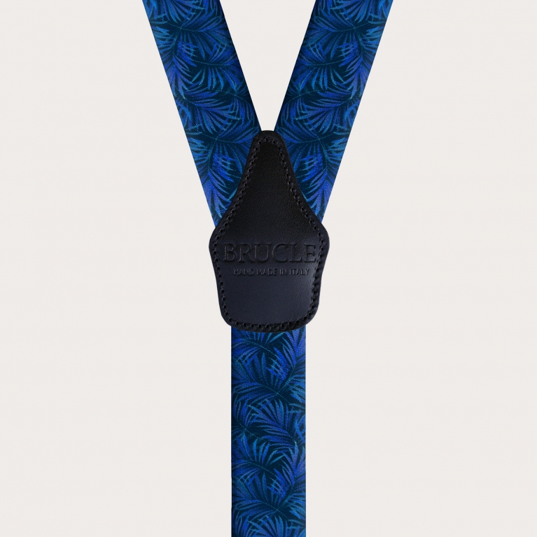 Bretelles élastiques effet satin, bleu avec feuilles de palmier
