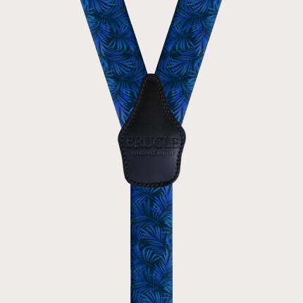 Elastic satin-effect suspenders, blue with palm leaves