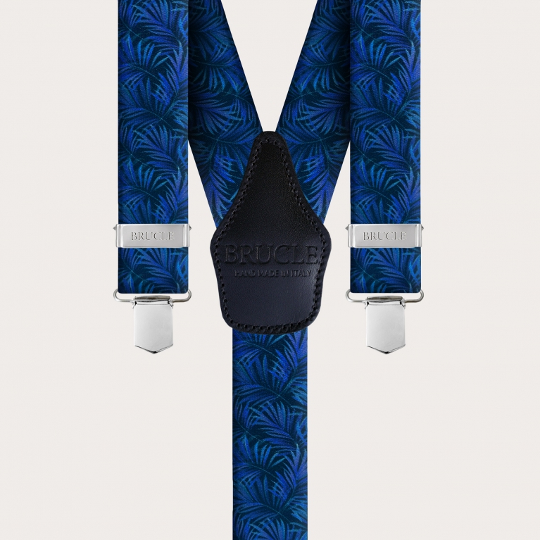 Elastic satin-effect suspenders, blue with palm leaves