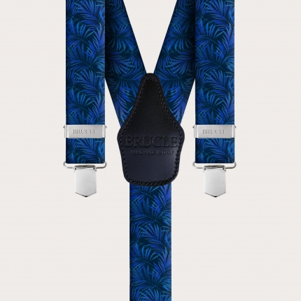 Bretelle elastiche effetto raso, blu con foglie di palma