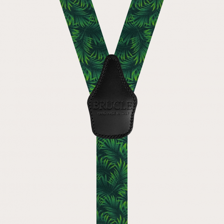 Elastic satin-effect suspenders, green with palm leaves