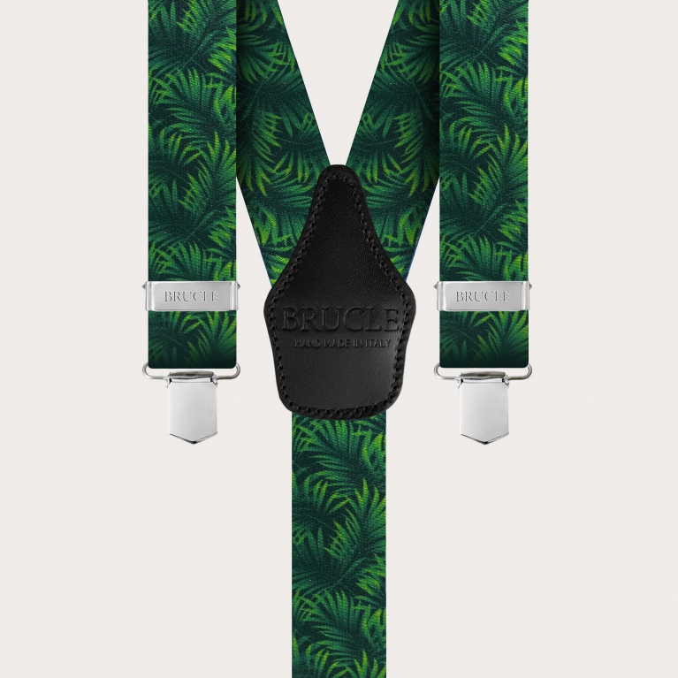 Elastic satin-effect suspenders, green with palm leaves