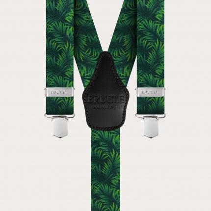 Elastic satin-effect suspenders, green with palm leaves