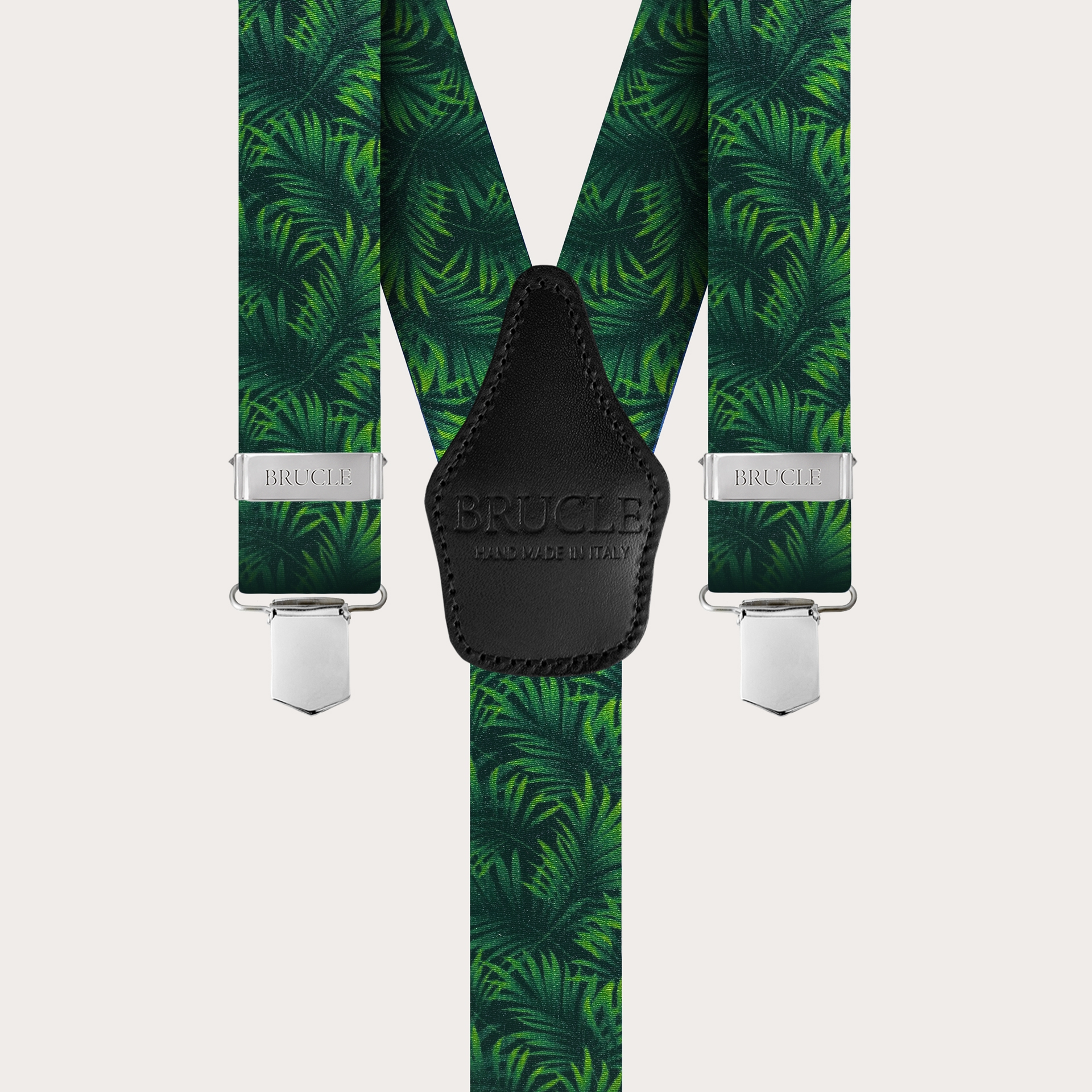 BRUCLE Bretelles élastiques effet satin, vert avec feuilles de palmier