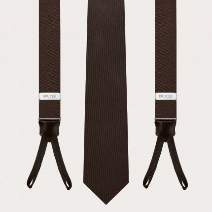 Elegantes Set aus dünnen Hosenträgern mit Knopflöchern und Krawatte aus brauner Seide
