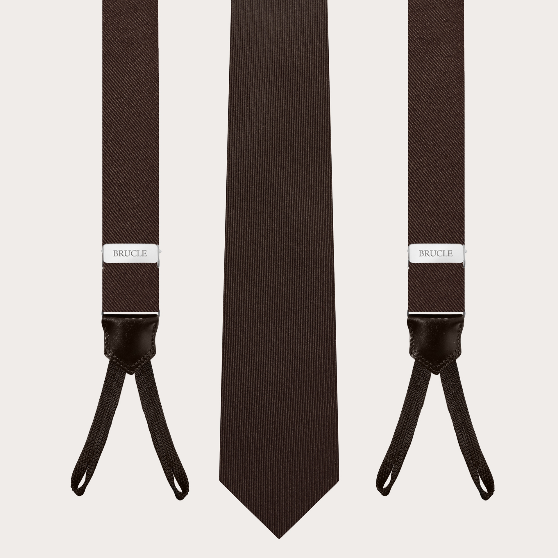 BRUCLE Elégant ensemble de fines bretelles avec boutonnières et cravate en soie marron