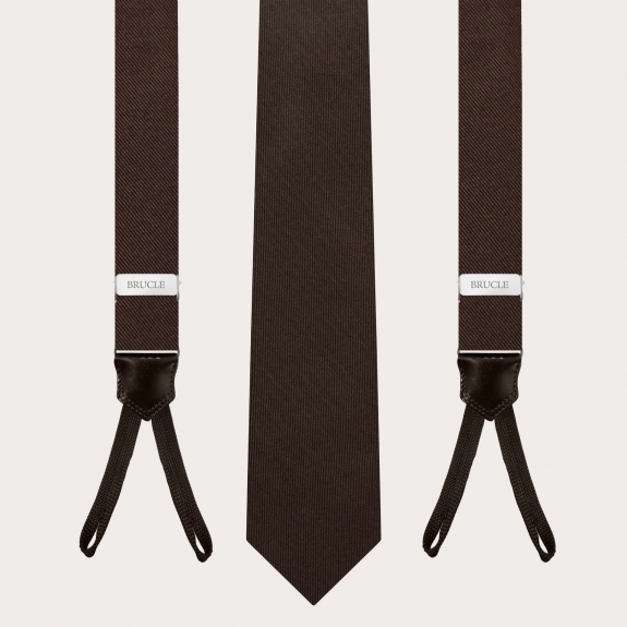 BRUCLE Elegante set di bretelle sottili con asole e cravatta in seta marrone