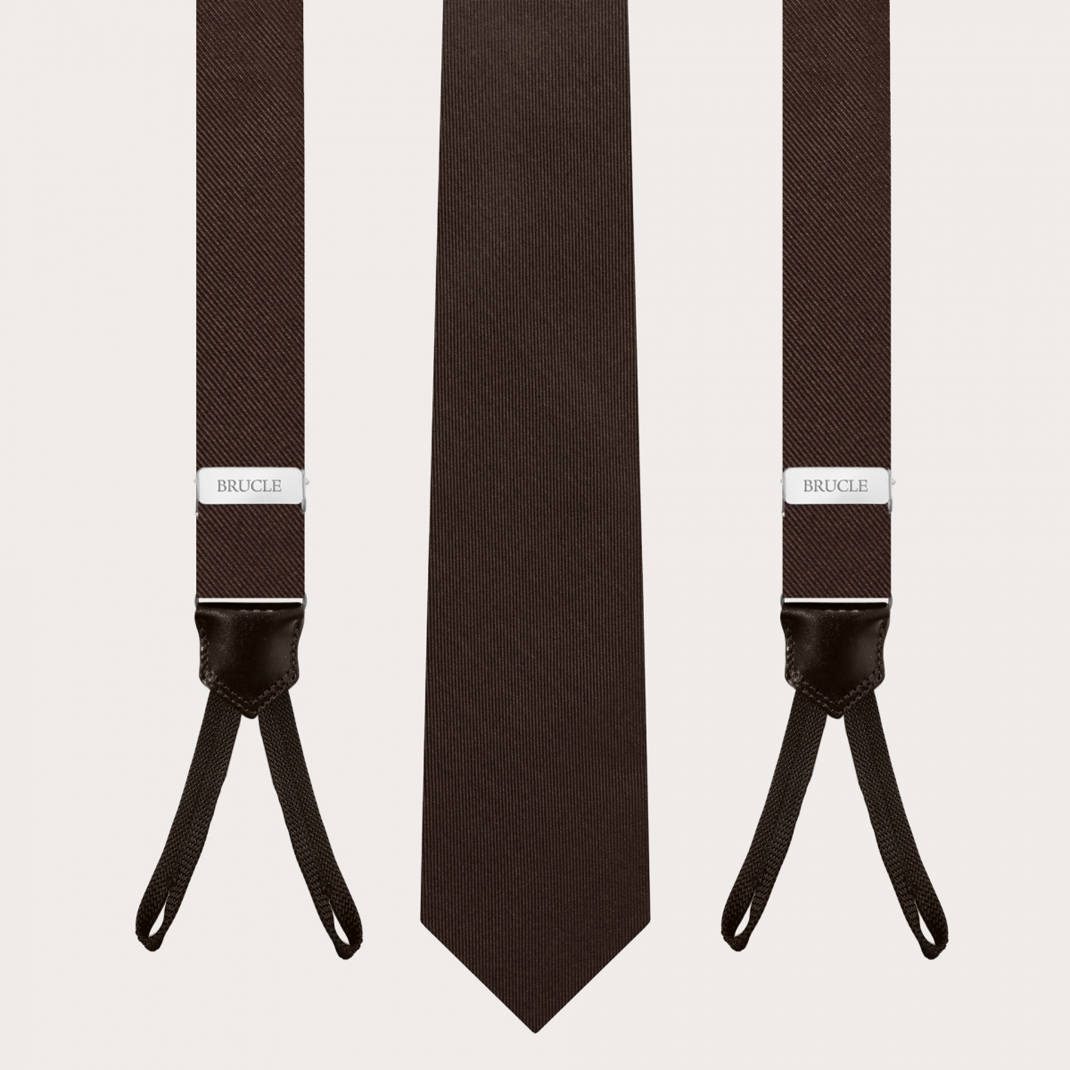 BRUCLE Elegant set of thin suspenders with buttonholes and tie in brown silk