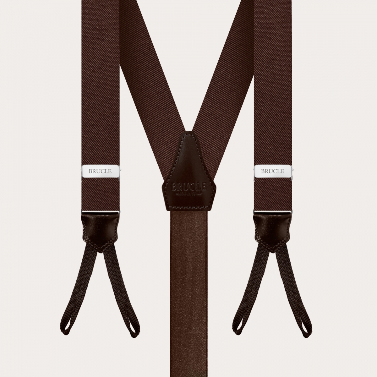 BRUCLE Elegant set of thin suspenders with buttonholes and tie in brown silk