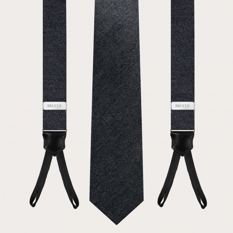 Ensemble homme raffiné de fines bretelles avec boutonnières et cravate, gris chiné