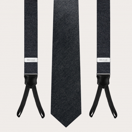 Refined men's set of thin suspenders with buttonholes and necktie, grey melange