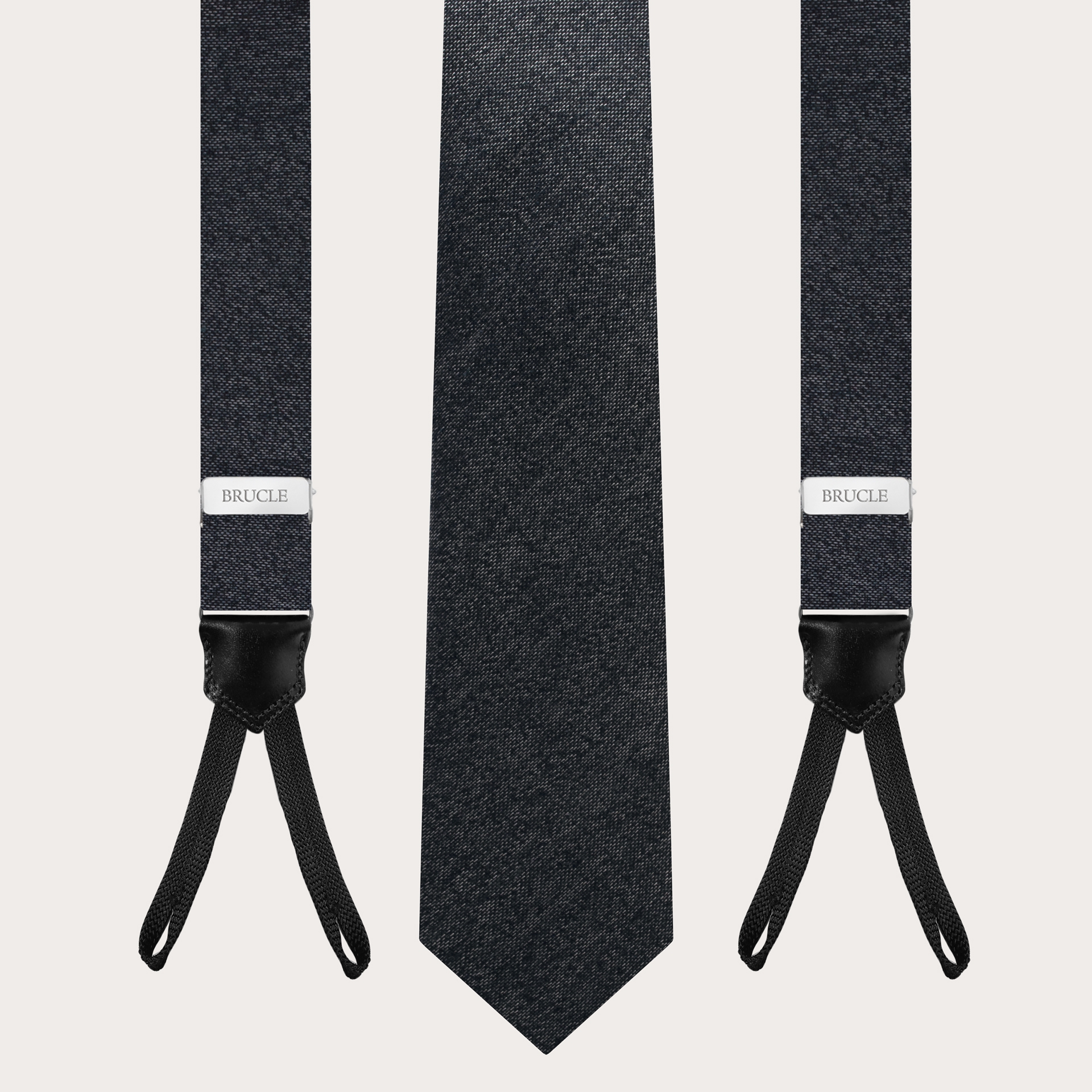 BRUCLE Raffinato set da uomo di bretelle sottili con asole e cravatta grigio melange