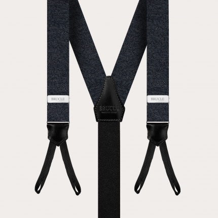 Refined men's set of thin suspenders with buttonholes and necktie, grey melange