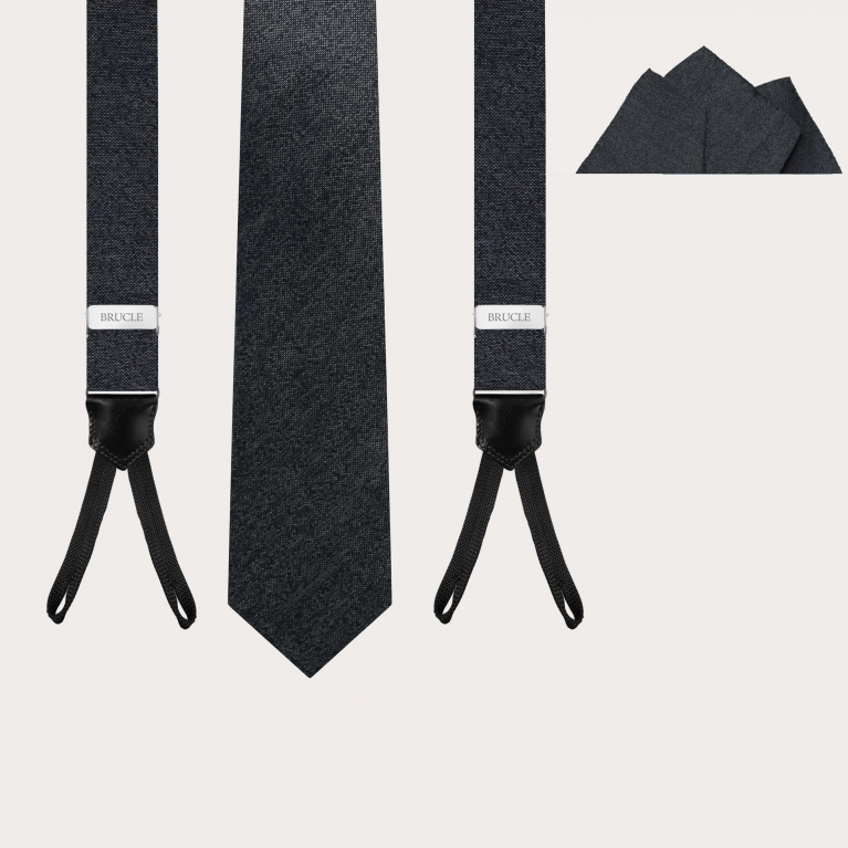 Set grigio melange di bretelle sottili per bottoni, pochette e cravatta