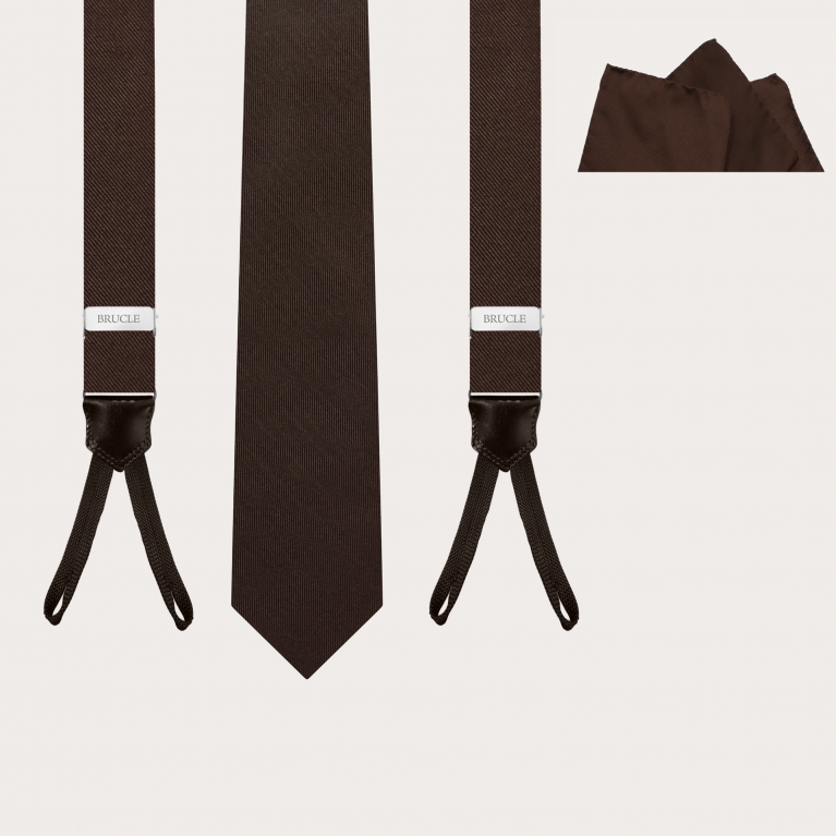 Elegante conjunto de tirantes finos con ojales, corbata y pañuelo de bolsillo en seda marrón