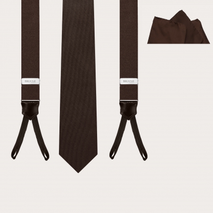 Elegant set of thin suspenders with buttonholes, tie and pocket square in brown silk