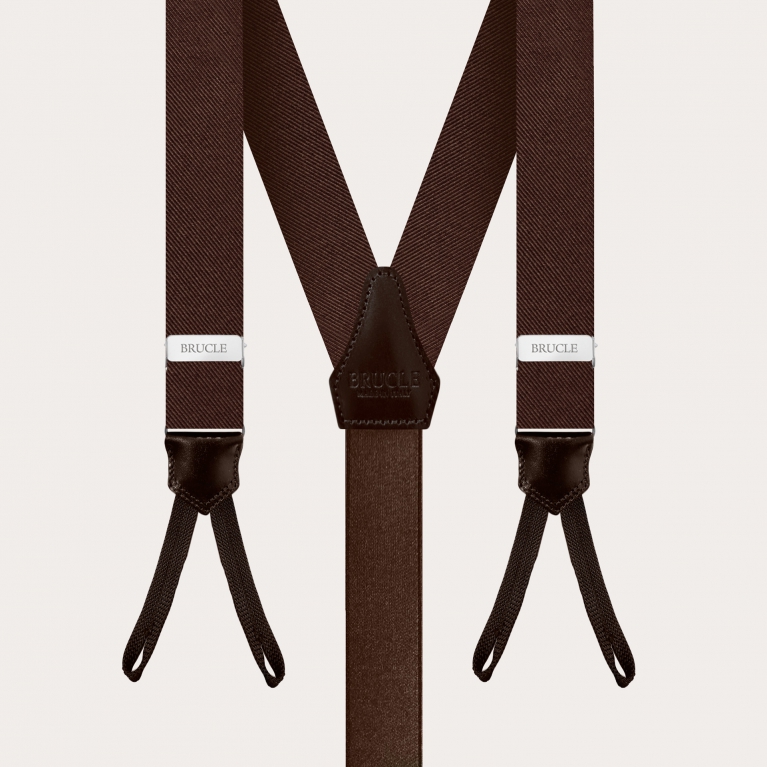Elegant set of thin suspenders with buttonholes, tie and pocket square in brown silk