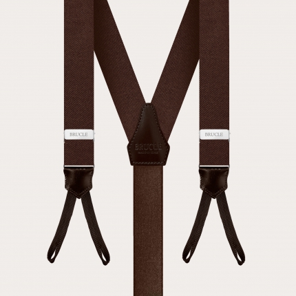 Elegant set of thin suspenders with buttonholes, tie and pocket square in brown silk