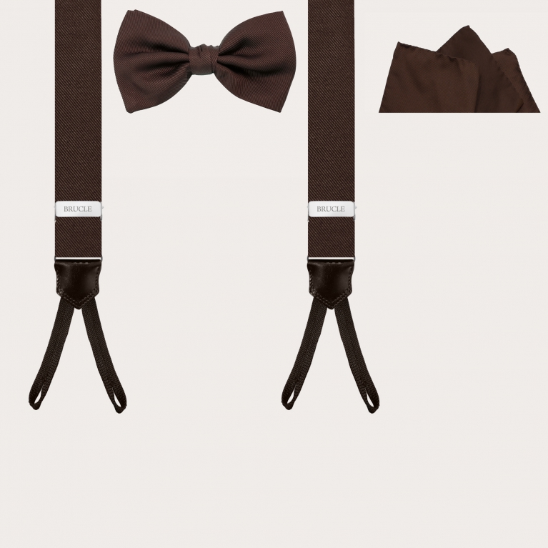Thin suspenders with buttonholes, bow tie and pochette in brown silk
