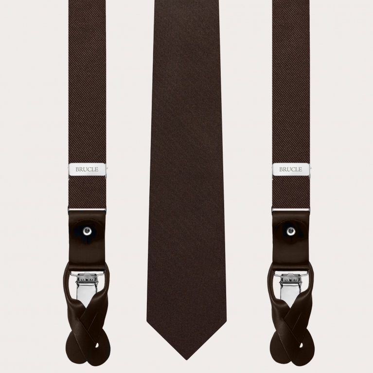 Elegante set di bretelle sottili e cravatta in seta marrone